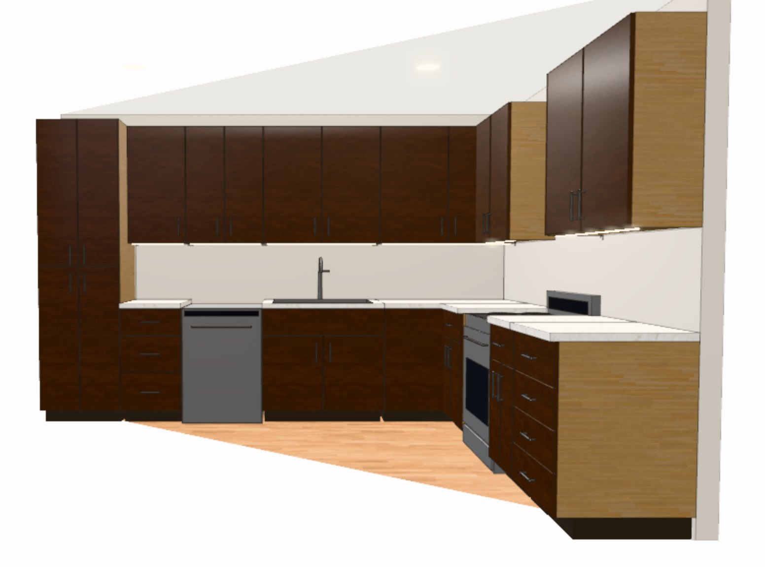 A kitchen drawn in Dadoboard, shown in 3D