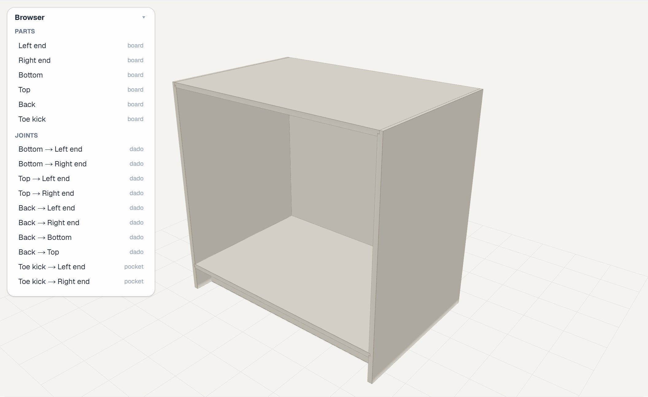 The workshop: a base cabinet built from its parts in 3D, with its joints listed